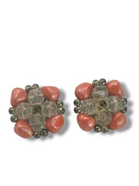 Mid Century Vintage Coral and Clear Beaded clip on Earrings